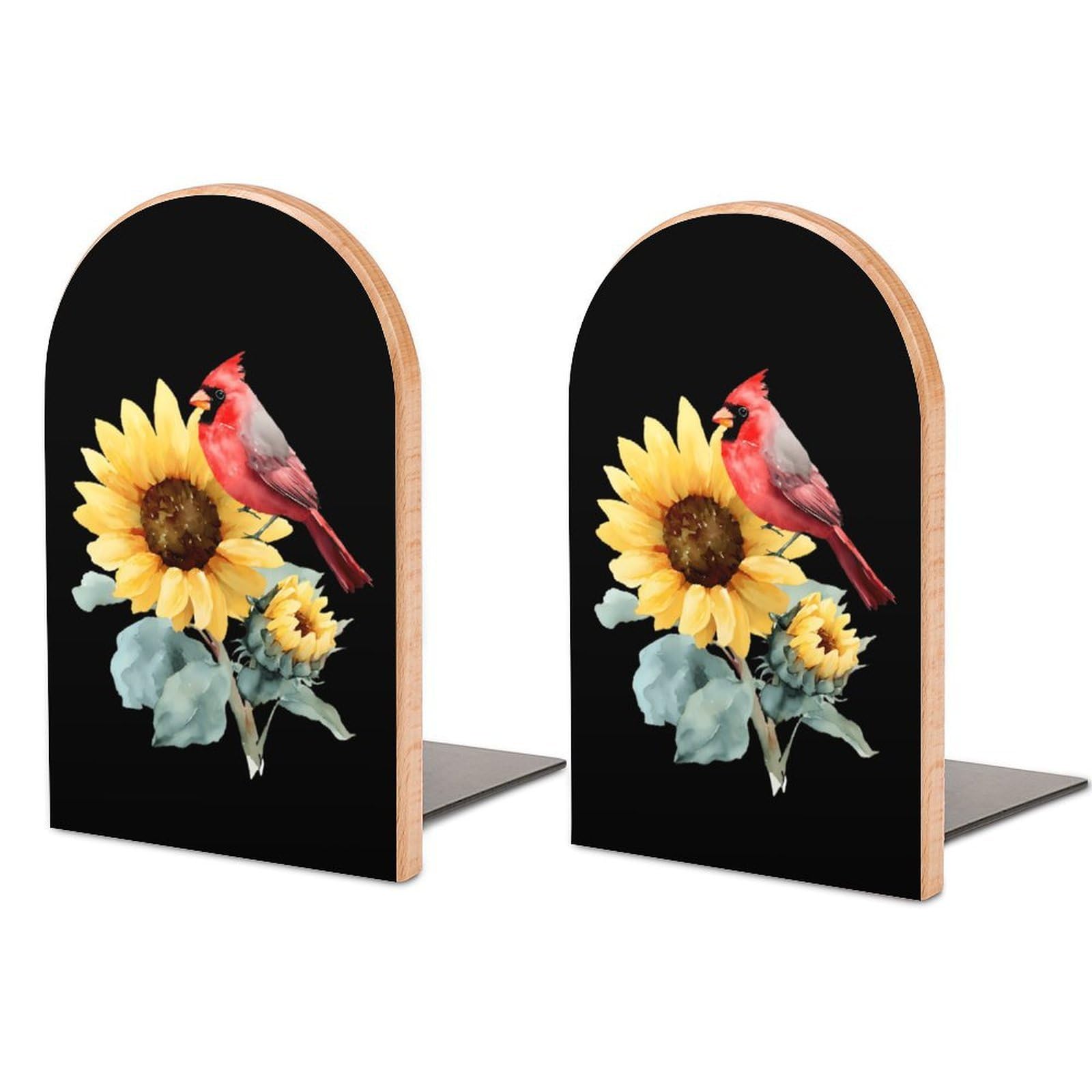Watercolor Sunflower Cardinal Bird Book Ends Wood Non-Slip Books Stand Book Holders Book Stopper Organizer for Shelves Home Office