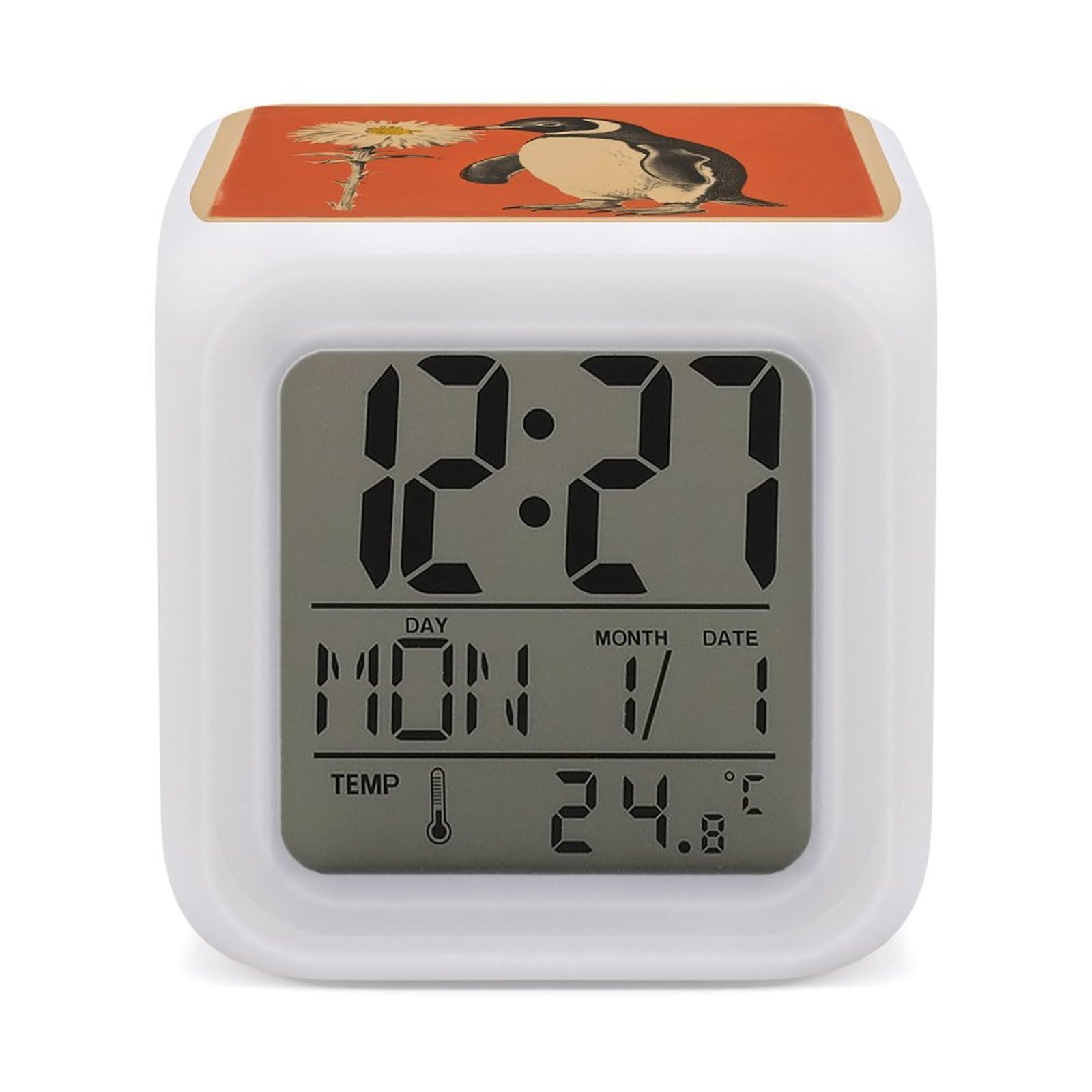 VstaDank A Flower and Penguin Alarm Clock with 7 Color Changing Night Light Date Temp Display Wake Clocks LED Display Digital Clock Electric Desk Clocks for Living Office Bedroom Decor