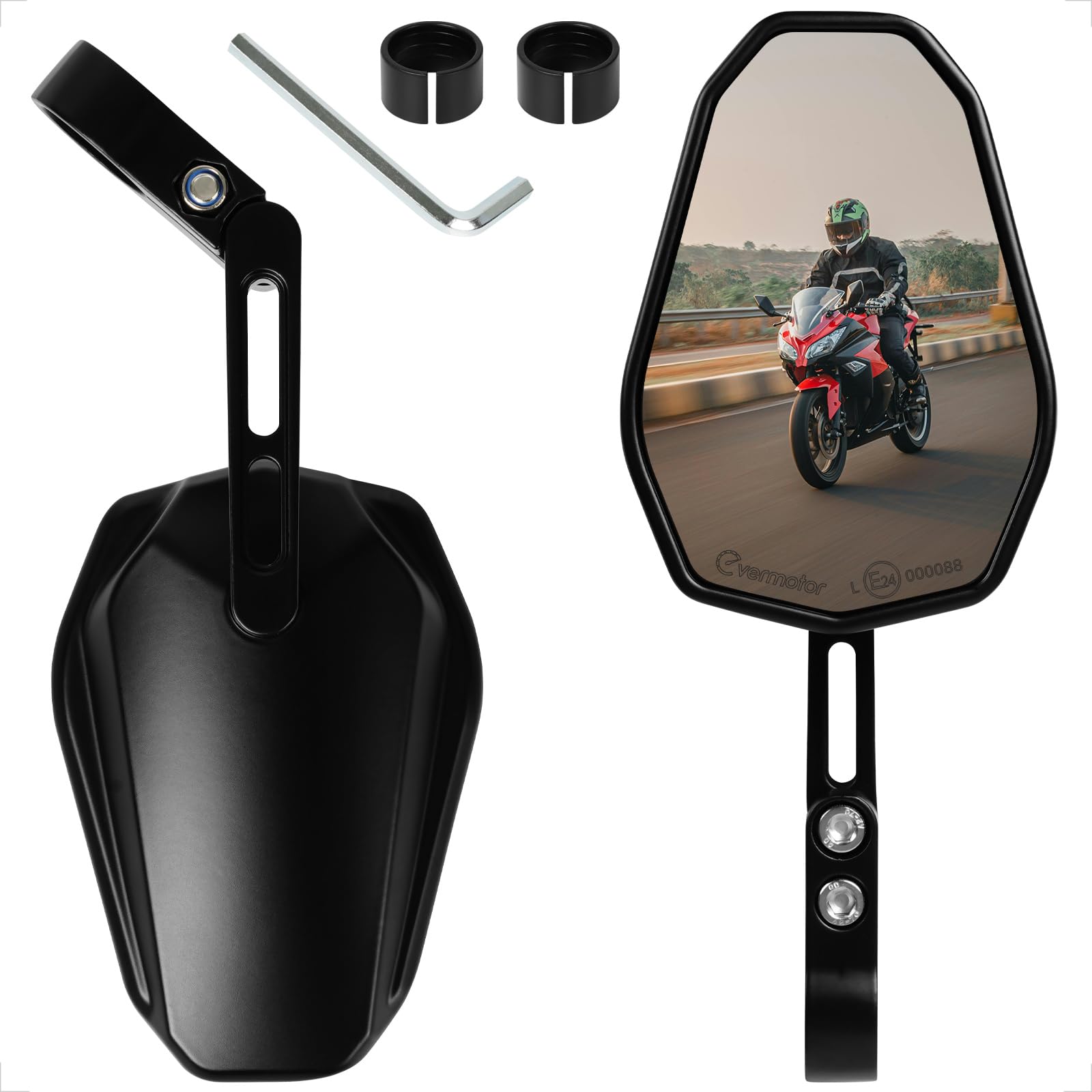 evermotor espejo retrovisor de moto homologado E, giratorio 360°, espejo de extremo de manillar para manillares de 22mm y 25,4mm, universal, negro