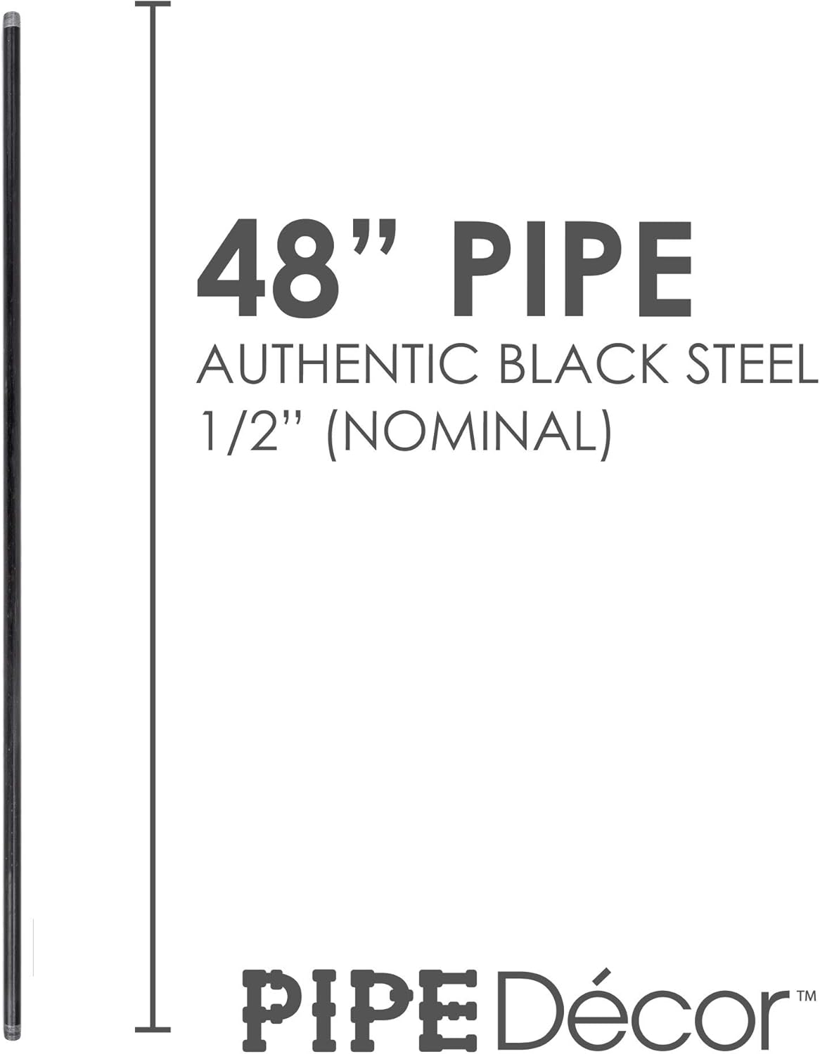 PIPE DÉCOR 1/2” x 48” Malleable Cast Iron Pipe Nipple, Pre Cut Connectors, Industrial Steel Grey Fits Standard Half Inch Black Threaded Pipes Nipples and Fittings, Build Vintage DIY Furniture, 4 Pack
