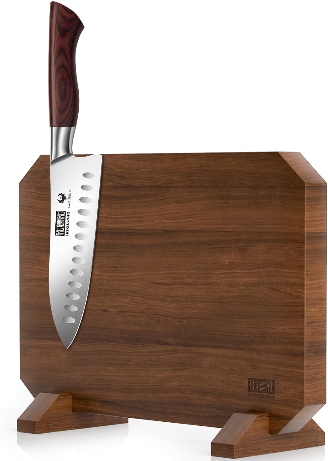 HOSHANHO Santoku Knife 7 Inch & Thickened Acacia Wood Kitchen Knife Holder Stand with Strong Magnets