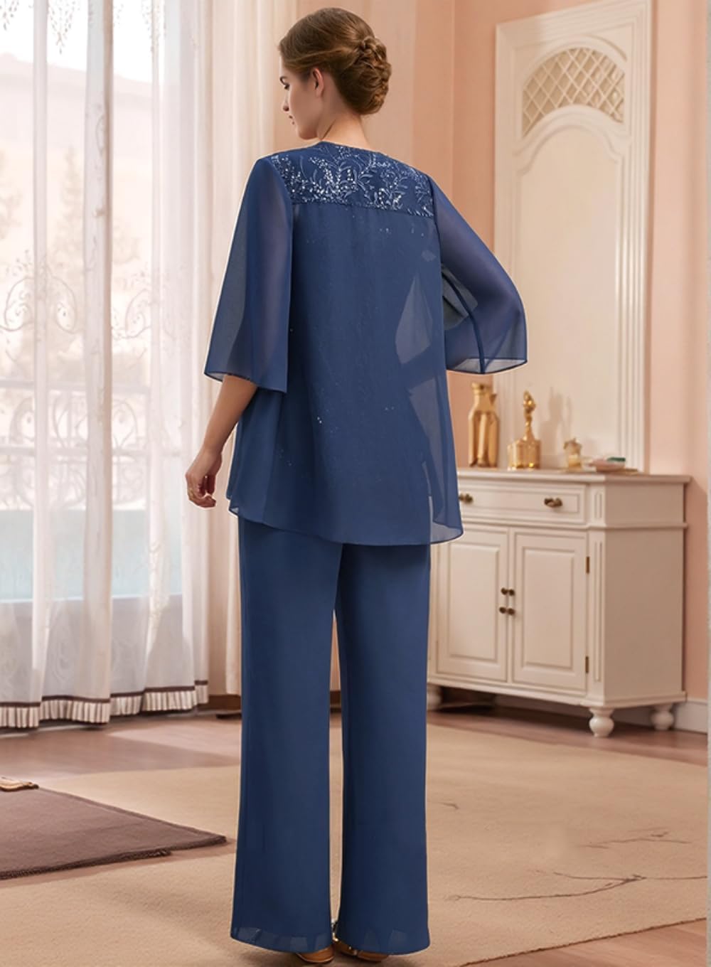 3 Pieces Mother of The Bride Pant Suits Long Laces Appliques 3/4 Sleeves Chiffon Mother of The Groom Dress