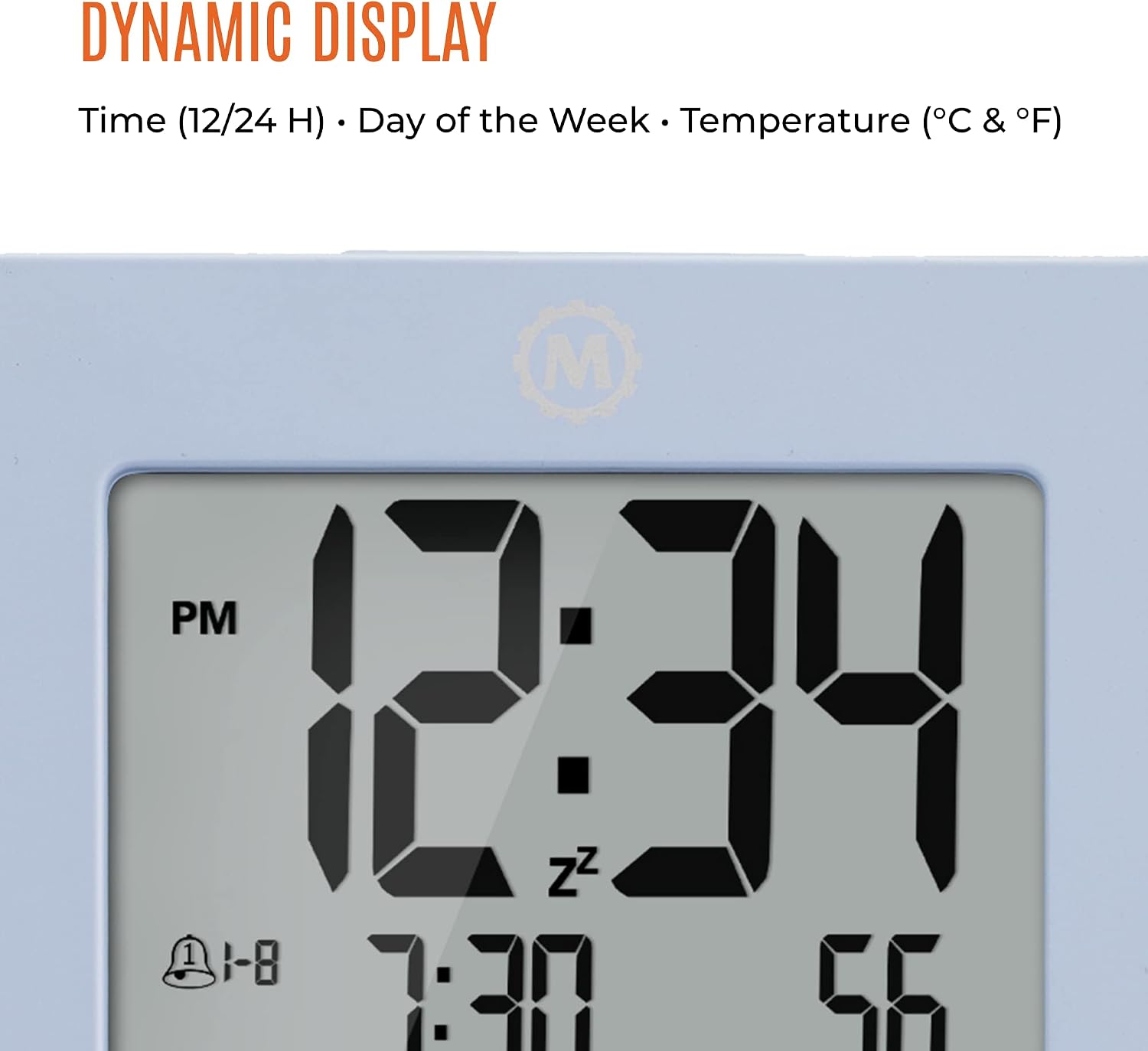Close-up of the Marathon CL030050BL clock display showing time, PM indicator, snooze icon, alarm time, date, day of the week, and temperature in Fahrenheit