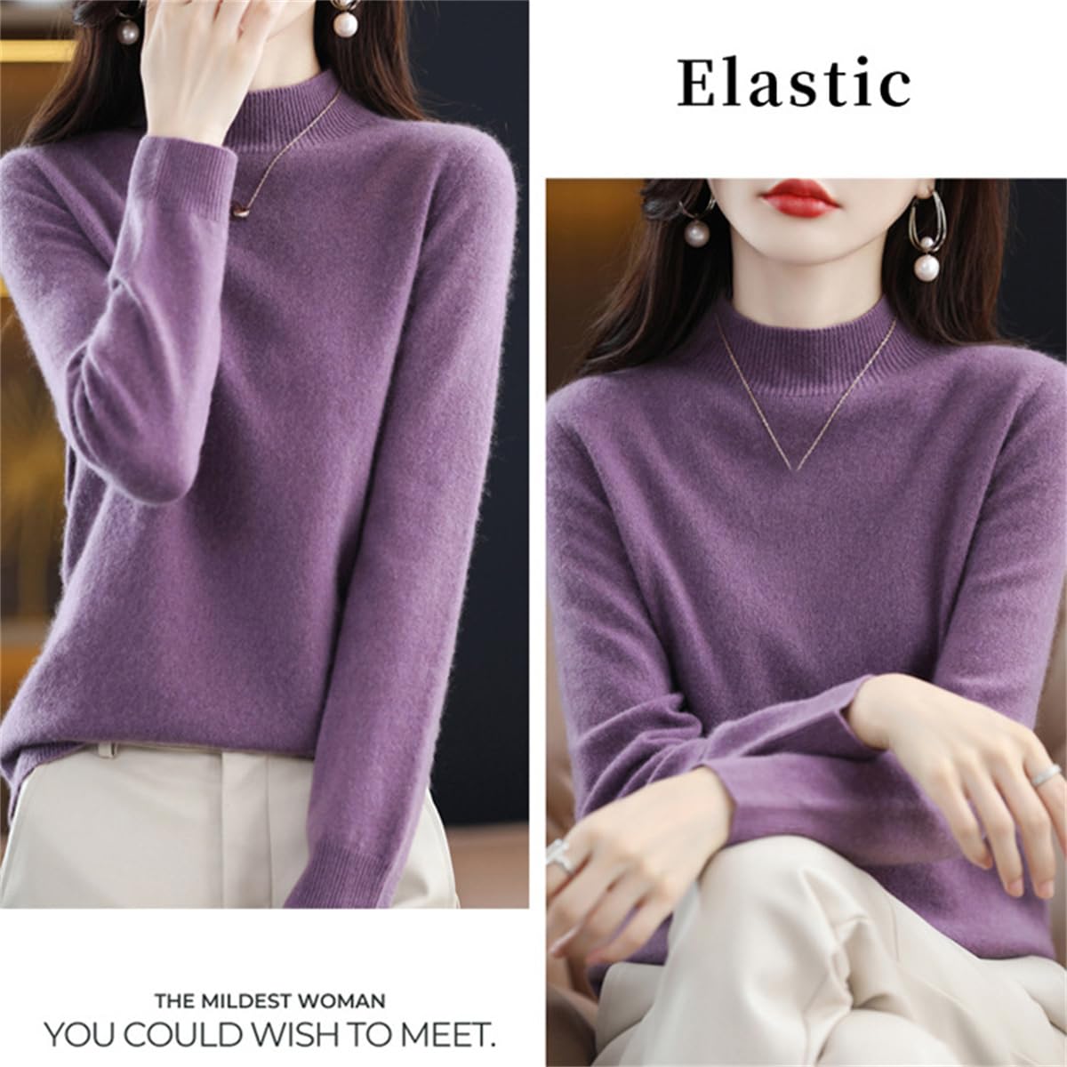 Suéteres de Cachemira para Las Mujeres, Jersey de Cachemira Suave, Cuello Redondo Jersey Caliente, Medio Cuello Alto suéteres de Manga