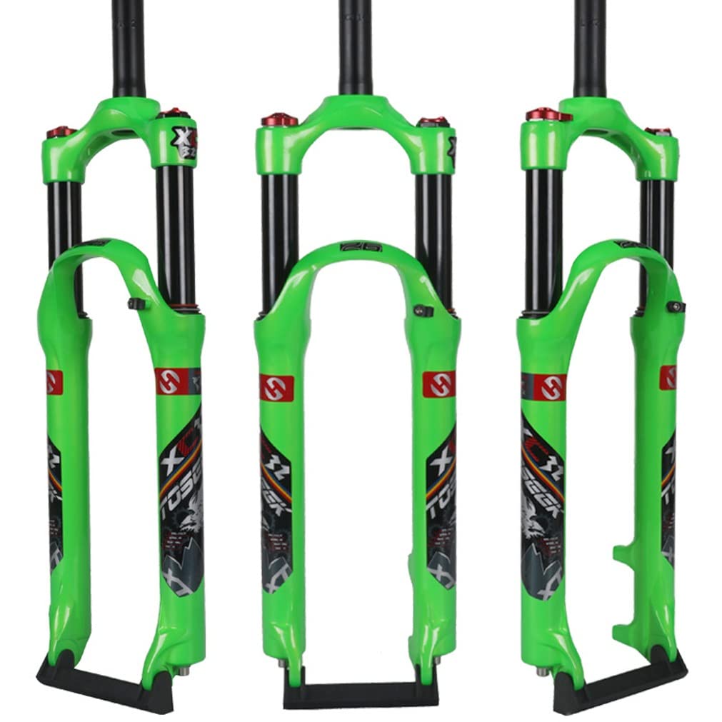 Widelce z zawieszeniem pneumatycznym do roweru górskiego 26/27,5/29 MTB widelec hamulec tarczowy przedni 1-1/8 9 mm QR 120 mm podróżny ultralekki HL (kolor: zielony, rozmiar 26 cali)