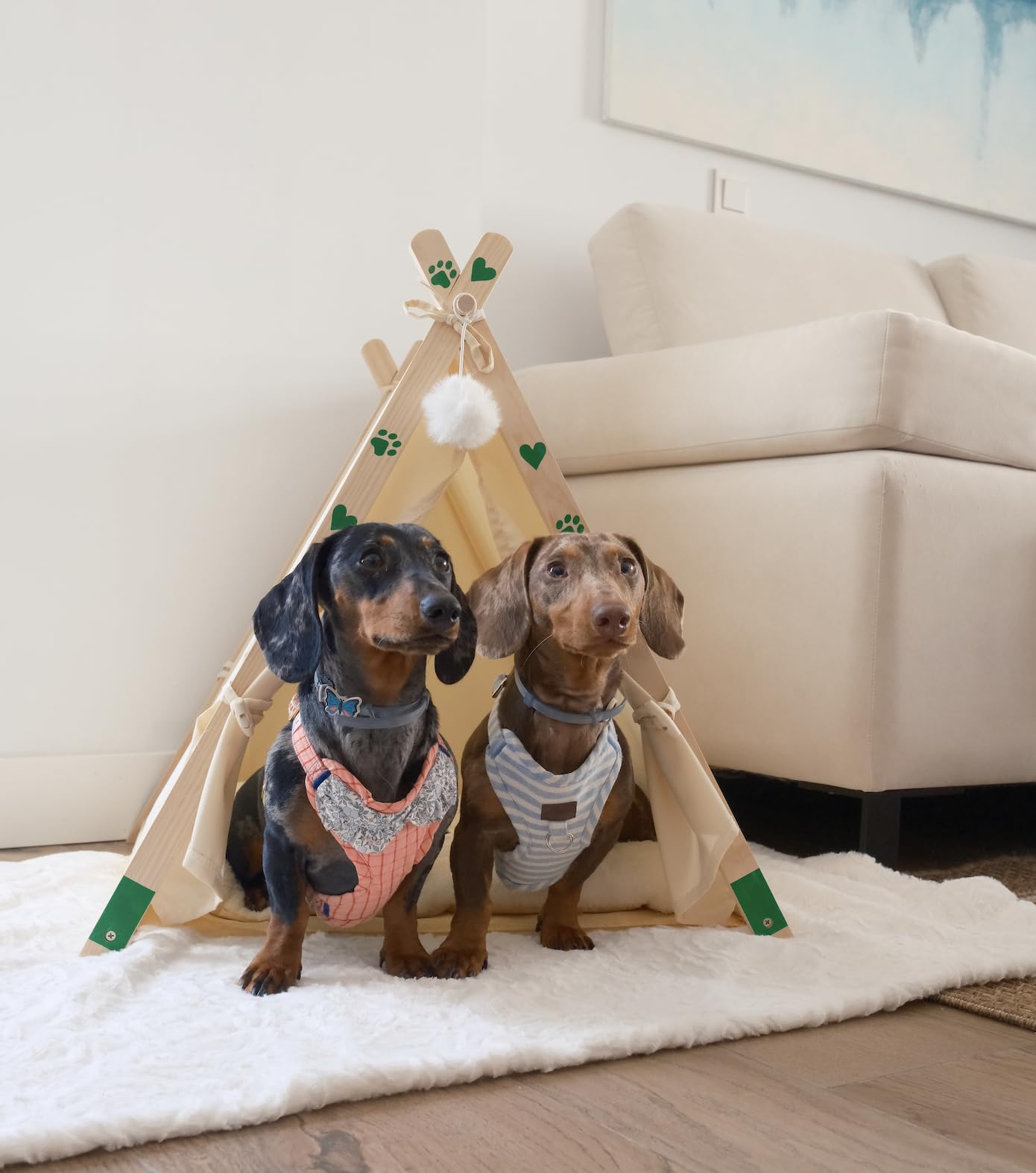 Tipi Lit pour chats et petits chiens – Grotte en bois massif, coton et lin respirant, niche igloo d'intérieur pour animaux de compagnie, chiots, berceau de voyage pliable et portable avec coussin