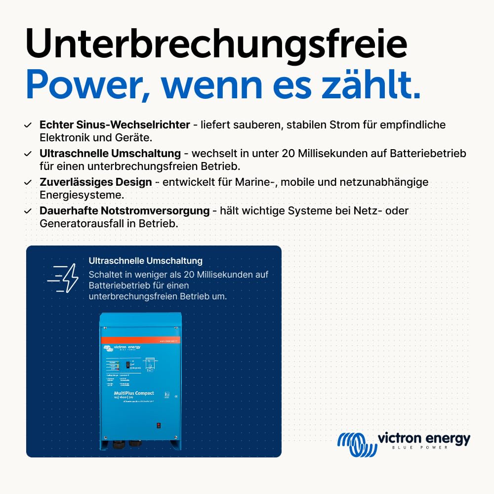 Victron Energy MultiPlus Compact 12/1600/70-16 Wechselrichter-Ladegerät – 1600VA Ausgang, 70A Batterieladung, 230V VE.Bus, Effizientes Design für Solar- und Mobilanwendungen