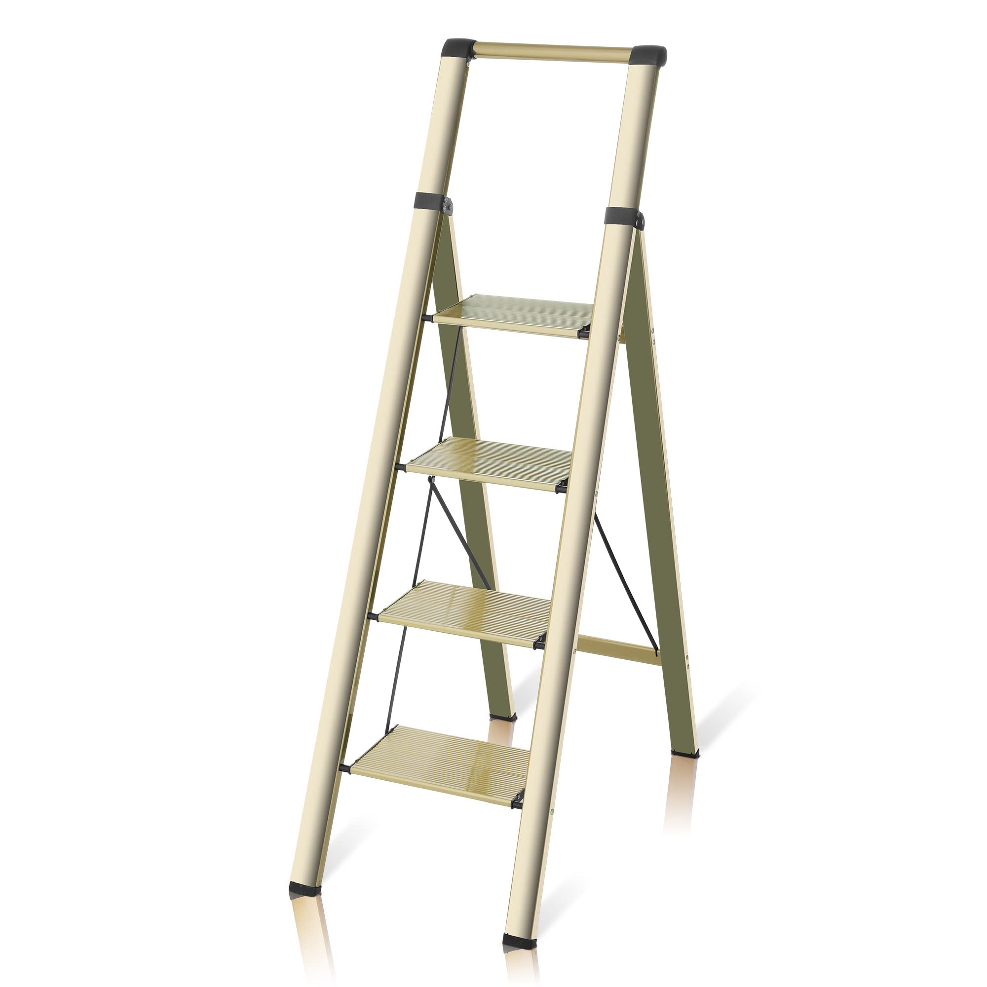 flygeneral 4 Step Ladder, Gold Aluminum Folding Ladder Stool, Wider Upgraded Non-Slip Treads, Portable Lightweight Ladder for Home and Kitchen, Holds up to 330 Lbs.
