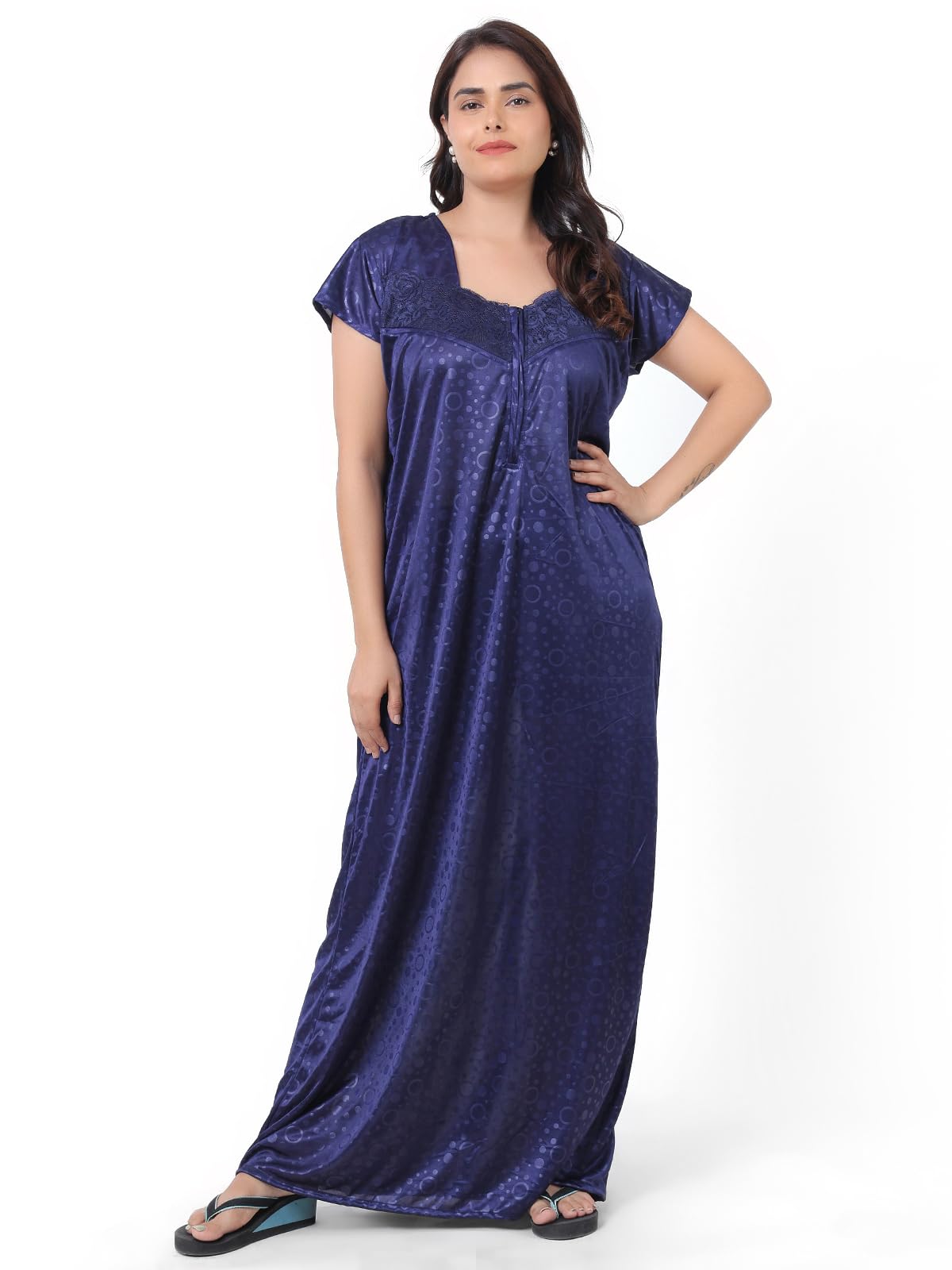 BHAVI Self Print Satin Nightgown for Women's, Long Maxi Length, Floral Lace Detail, Blue (Size : XXL)-image-6