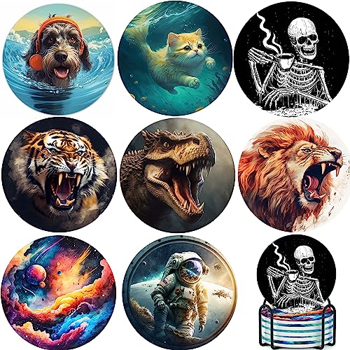COKTAK 8 Pcs Ceramic Coasters For Drinks Absorbent With Holder, Lion Tiger Skull Skeleton Coasters For Dining Table Desk, Astronaut Coffee Cup Coaster Tabletop Protection Bar Home Decor Housewarming