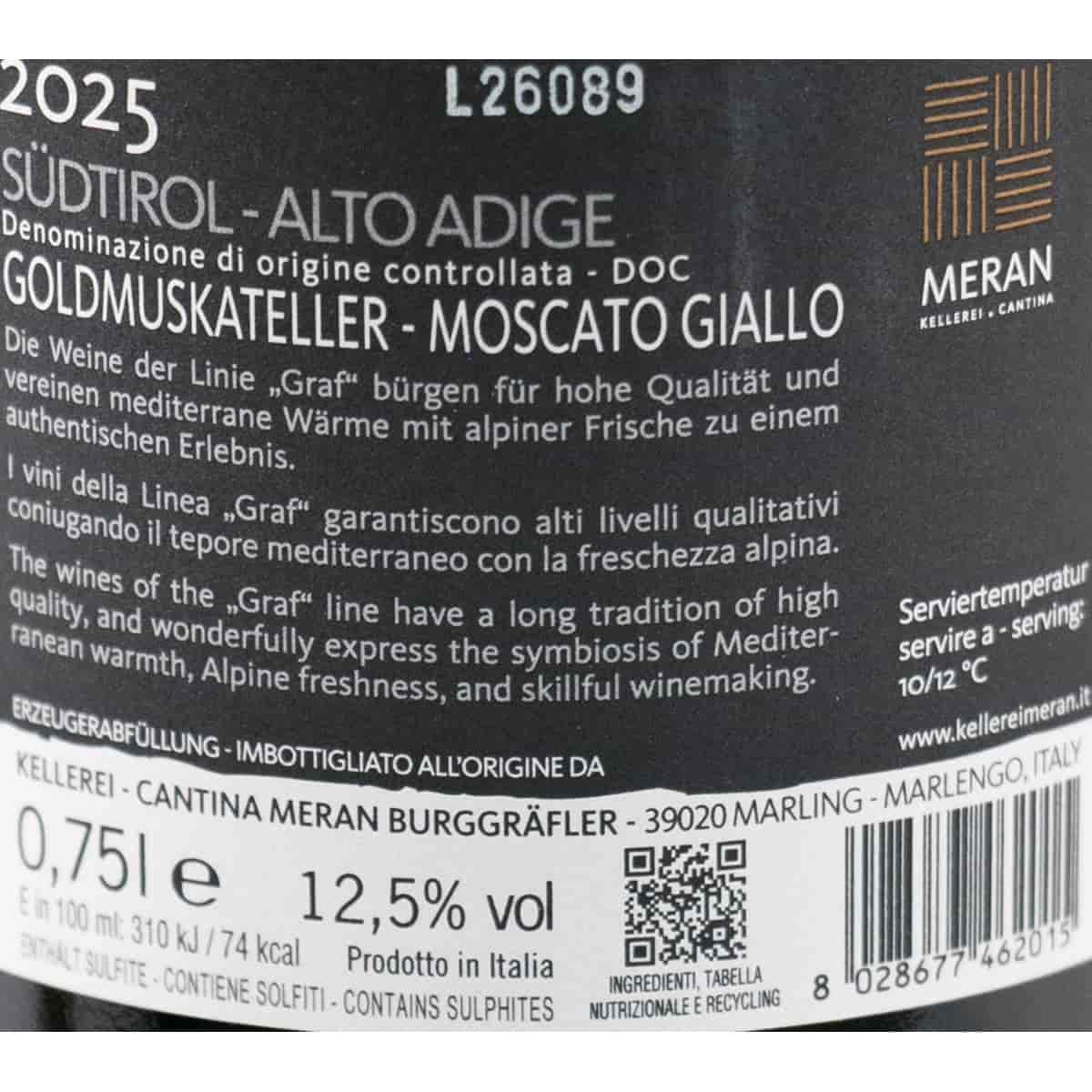 Graf Goldmuskateller Südtirol DOC 2025 – Kellerei Meran – 3×0,75L Weißwein | Aromatische Blütenwürze, feine Muskatnoten, zarte Fruchtfülle, leichter Schmelz, harmonische Frische