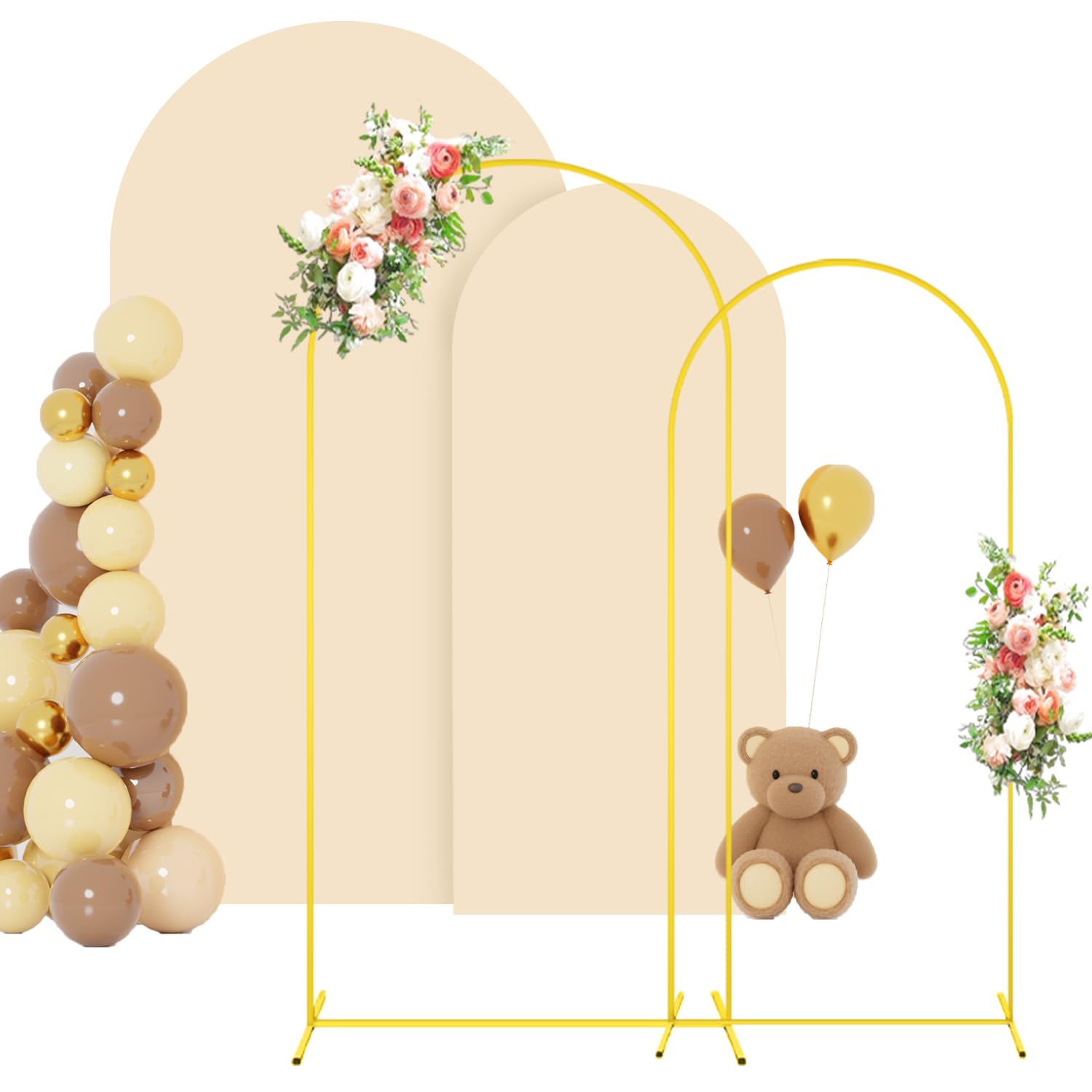 FOTSHARER Arch Backdrop Stand and Cover Set 7.2FT 6FT Balloon Arch Stand and Beige Arch Covers Stretchy Backdrop Set of 2 Gold Wedding Arch Frame for Birthday Party Ceremony Banquet Decoration