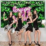 7x5ft Green Leaves Happy Birthday Decoration for Women Shiny Pink Neon Sign Party Backdrop Banner for Girl Princess 20th 30th 40th 50th Birthday Background Photo Booth Props - Image 4