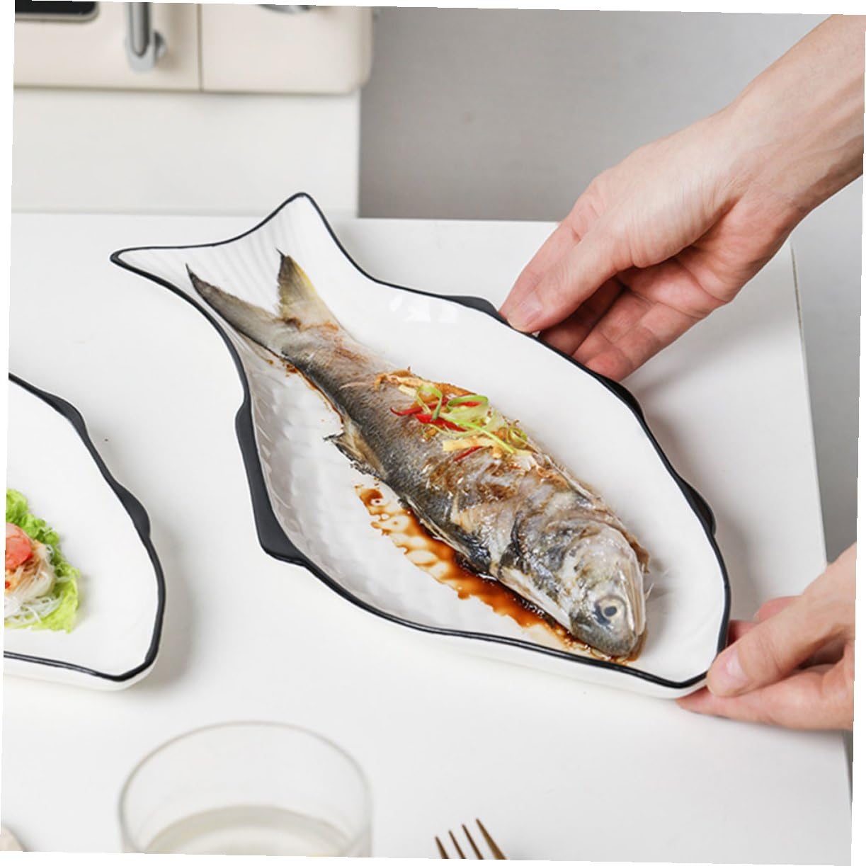Uonlytech Plato para Cocinar Pescado al Vapor de Ceramica Soporte para Cocinar al Vapor Alimentos Plato para Servir Pescado Forma de Pez