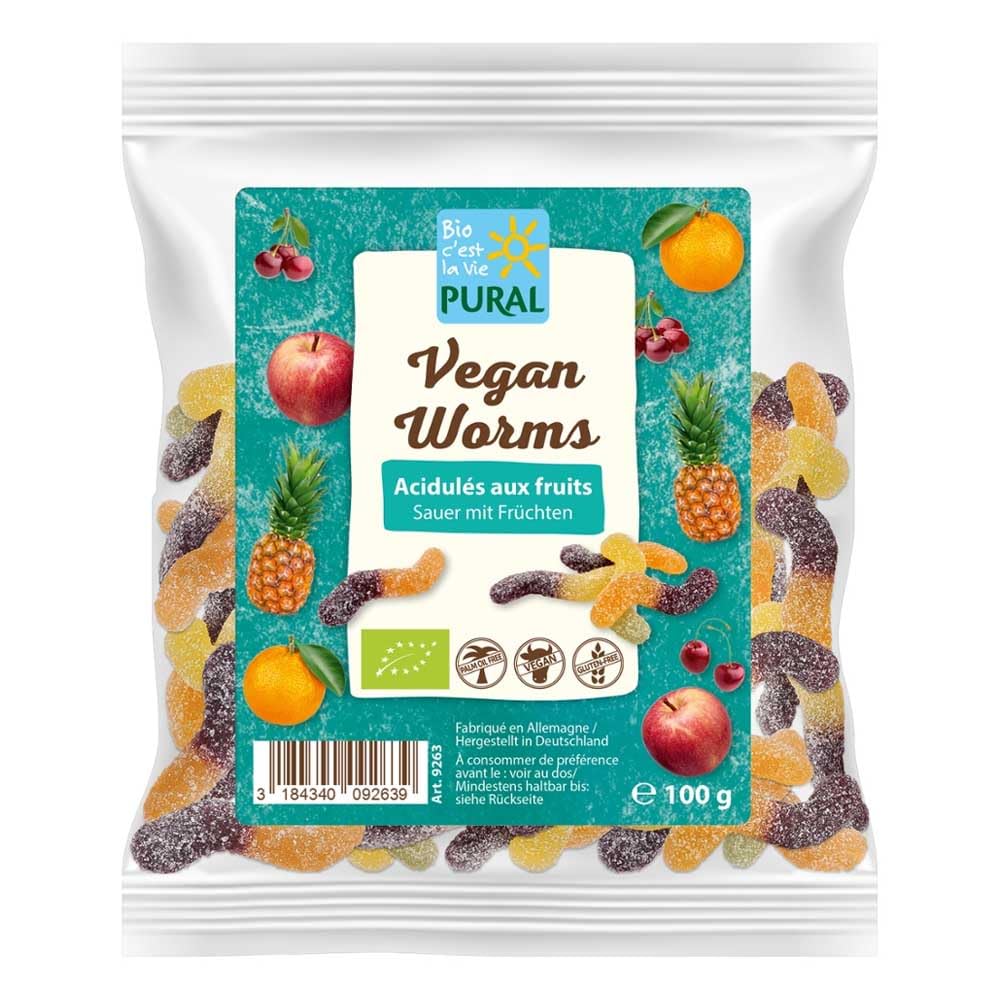 Pural Fruchtgummi Veggie Sour Worms, Bio ohne Gelatine, 100 g
