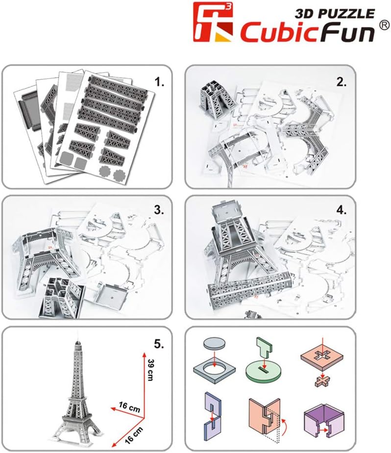 Step-by-step assembly diagrams for CubicFun Eiffel Tower puzzle