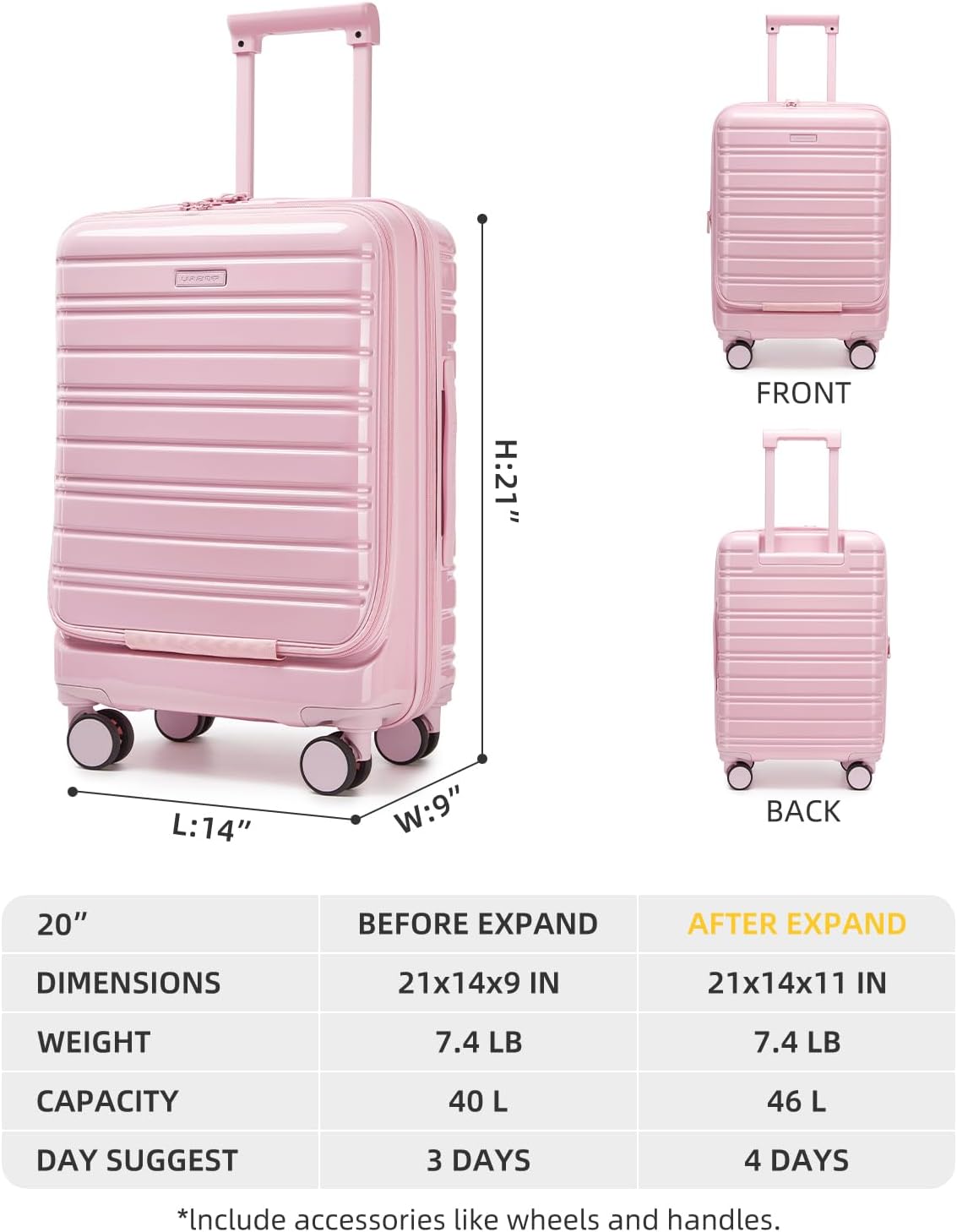 LARVENDER Carry On Luggage 22x14x9 Airline Approved, 20 Inch Expandable PC+ABS Hardside Carry On Luggage with Front Pocket Spinner Wheels TSA Lock for Women Men (Pink) - Image 6