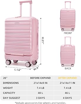 LARVENDER Carry On Luggage 22x14x9 Airline Approved, 20 Inch Expandable PC+ABS Hardside Carry On Luggage with Front Pocket Spinner Wheels TSA Lock for Women Men (Pink)