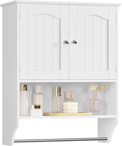 Iwell Bathroom Cabinet Wall Mounted with Towel Rack & Adjustable Shelf, Over The Toilet Storage Cabinet, Medicine Cabinet for Bathroom, White