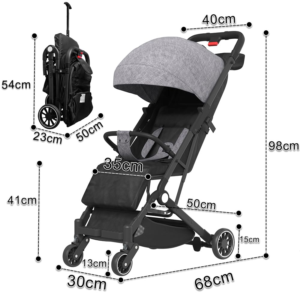 Ultra kompaktowy, wygodny i lekki wózek, od urodzenia do 4 lat, 0-15 kg, uniwersalne siedzisko dla wszystkich stopni (szary)