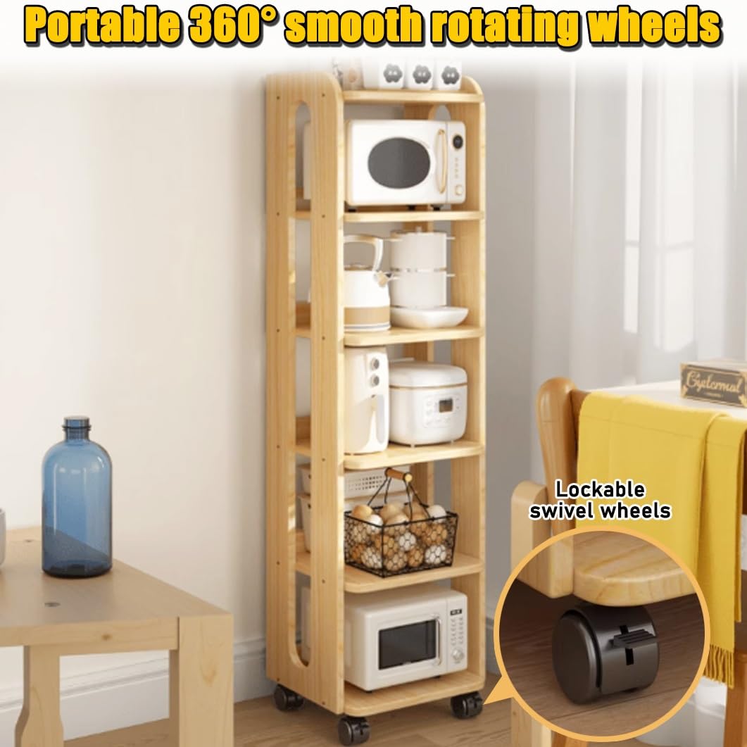 YVYKFZD Carrito de Almacenamiento Estrecho De Pie, Carro de Cocina Delgado De Madera, Carrito Auxiliar con Ruedas, Carro de Almacenamiento Organizador Independiente(Wood,4 Tier 18.1"x10.2"x39.1")