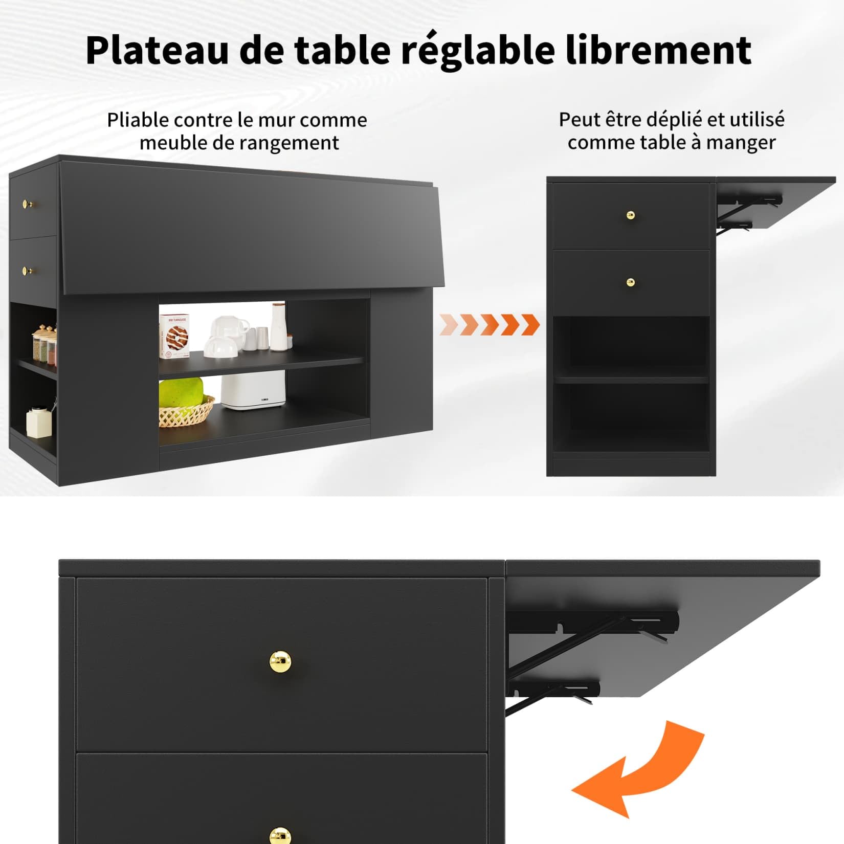PUGSDRLY Îlot de Cuisine Moderne avec Plateau de Table Pliable,Buffet Meubles de Rangement pour Cuisine et Salle à Manger,3 Portes,2 Tiroirs et Compartiment Ouvert,140x40/70x90cm,Noir