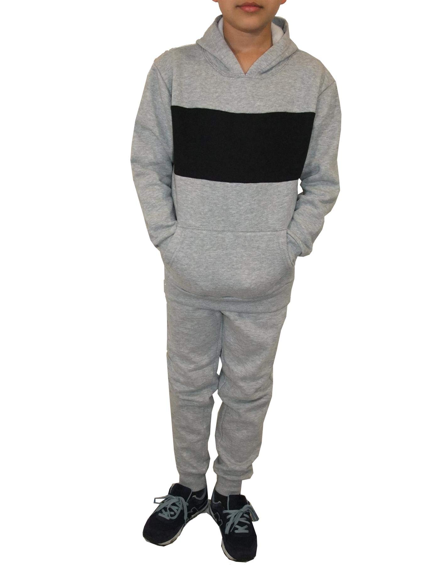 Malay Grey Kids Hooded Tracksuit Fleece Pullover Stripe Sweatshirt Cotton Jogging Bottom