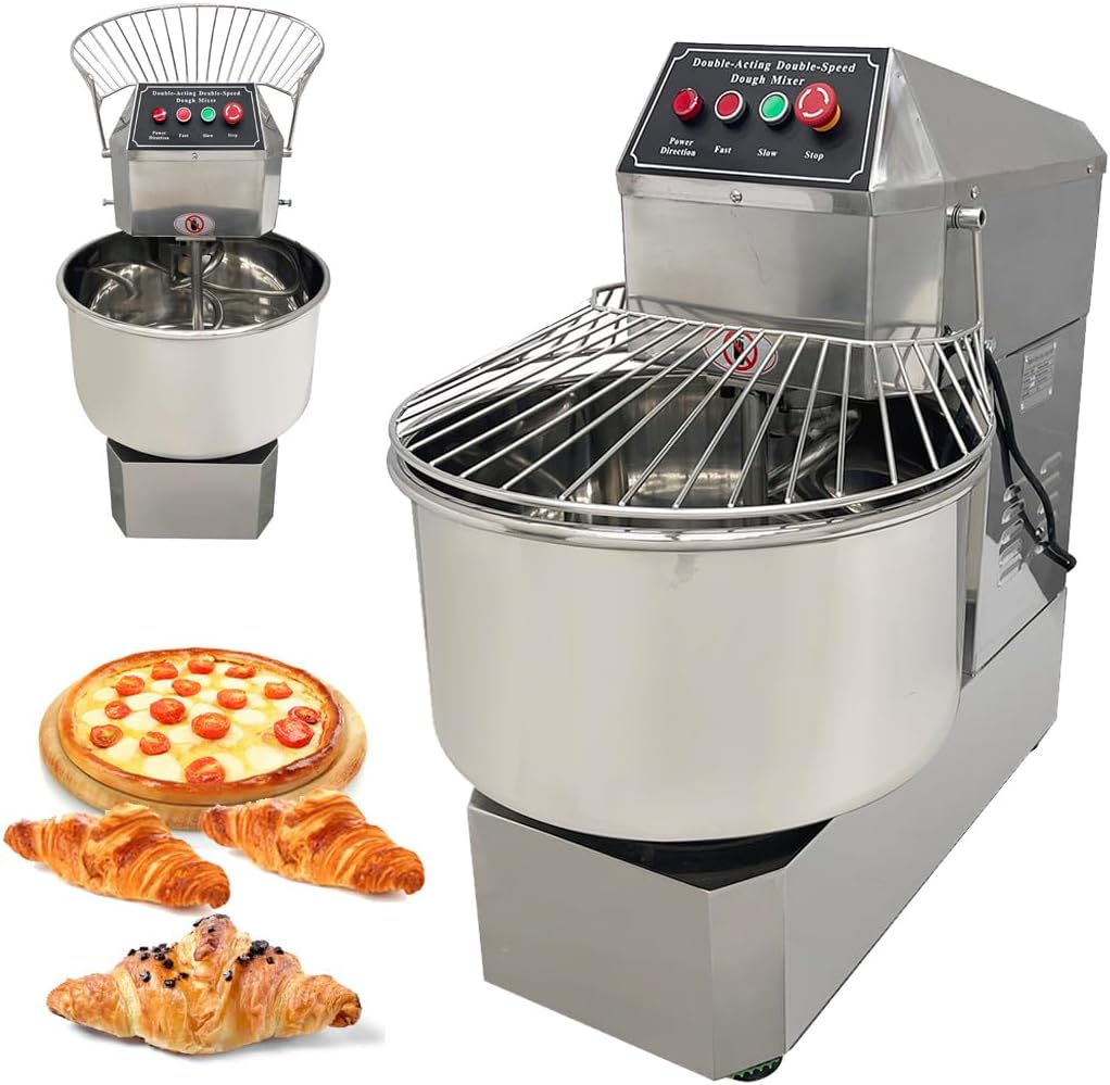 110V 1800W 40L Commercial Spiral Dough Mixer – Double Action, Dual Speed, Stand Pizza & Dough Kneading Machine with Safety Shield for Bakery, Restaurant, Pizzeria, and Kitchen Use