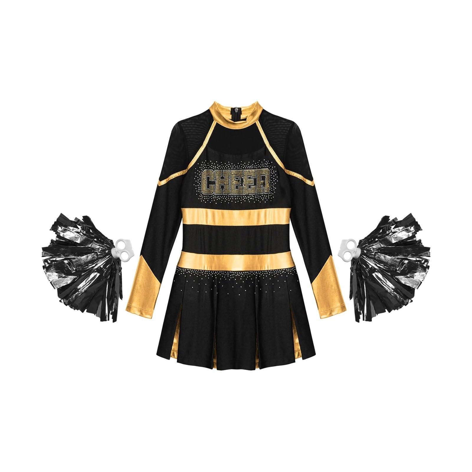Costume Cheerleader Donna Costume da Ballo Uniforme da Cheerleader Abito Pieghettato a Maniche Lunghe Metallizzato con Strass con 2 Fiori a Mano(Blue A,16)