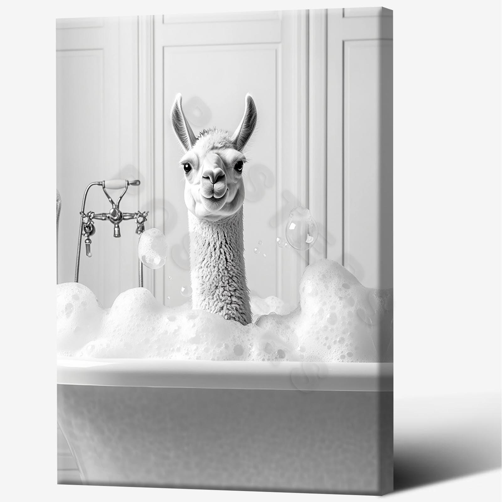 Funny Adorable Llama In Bathtub Bathroom Wall Art Black And White Print Picture Poster Animal Lover Canvas Painting Wall Art Decor Farmhouse Home Room