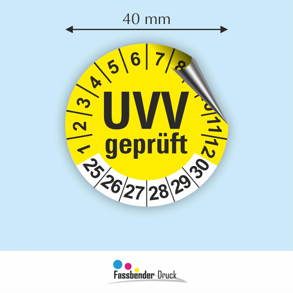 Hochwertige Prüfetiketten UVV PRÜFUNG Ø 40mm - Selbstklebende PVC-Folie - Wartungsetiketten für Prüfung - Prüfplakette für Prüfungsnachweis (30 Stück)