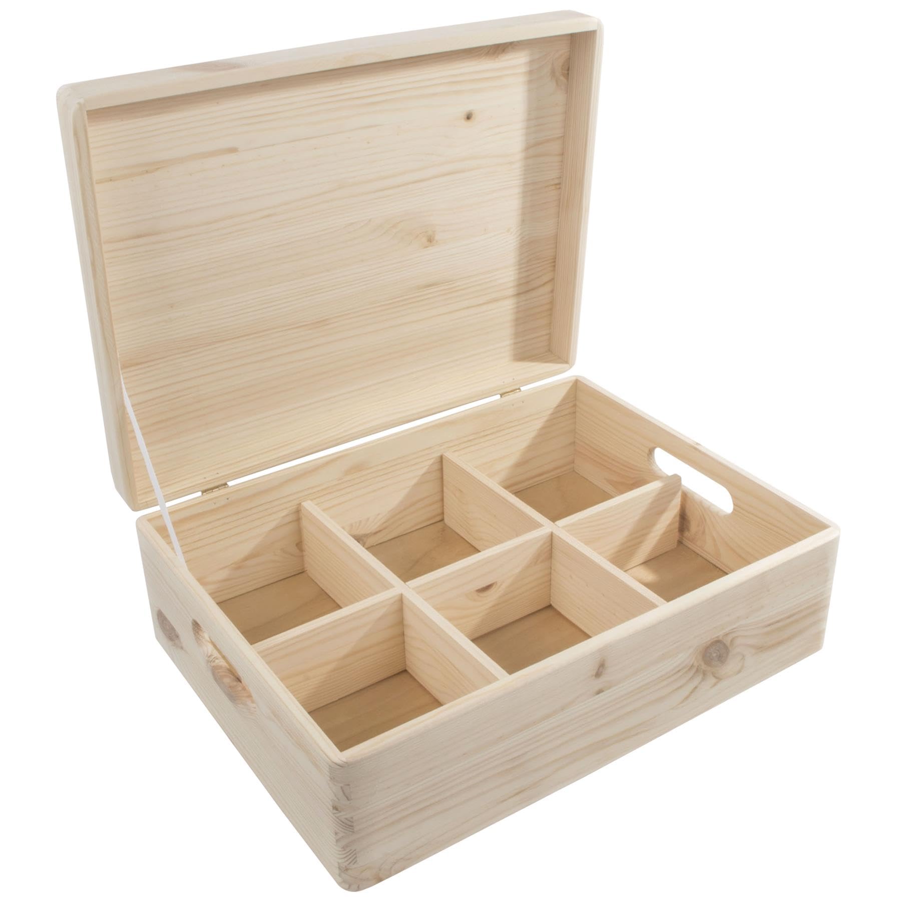 Woodeedoo Natural Large Wooden Storage Chest With Handles Lid And Removable Dividers – Unfinished Pine Box With 6 Compartments For Craft Jars Trinkets Hobby Supplies Gift Organisation – 39.5X29.5x13.5cm