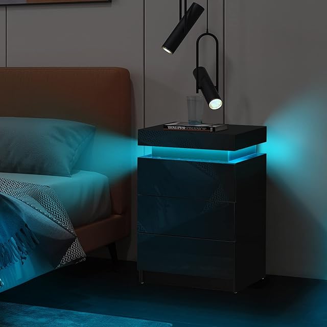 TUKAILAi Black Bedside Table with 3 Drawers and Top Storage, with LED Light, Nightstand High Gloss Front Bed Cabinet Chest of Drawers Living Room Bedroom Furniture