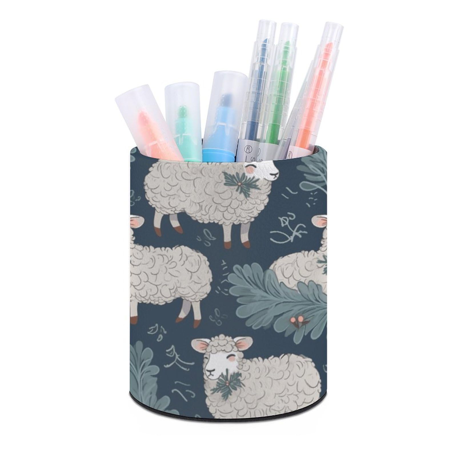 JTREHY Round Pen Holder, Sheep and Holly Tree Print Makeup Brush Storage Box for Home Office Dressing Table