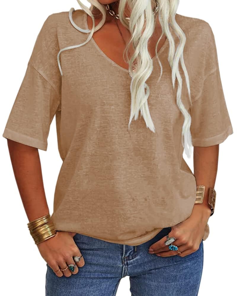 Tankaneo Damen V-Ausschnitt Kurzarm T-Shirt Casual Lose Basic Sommer Tops Halbarm Oversized Tunika Tee