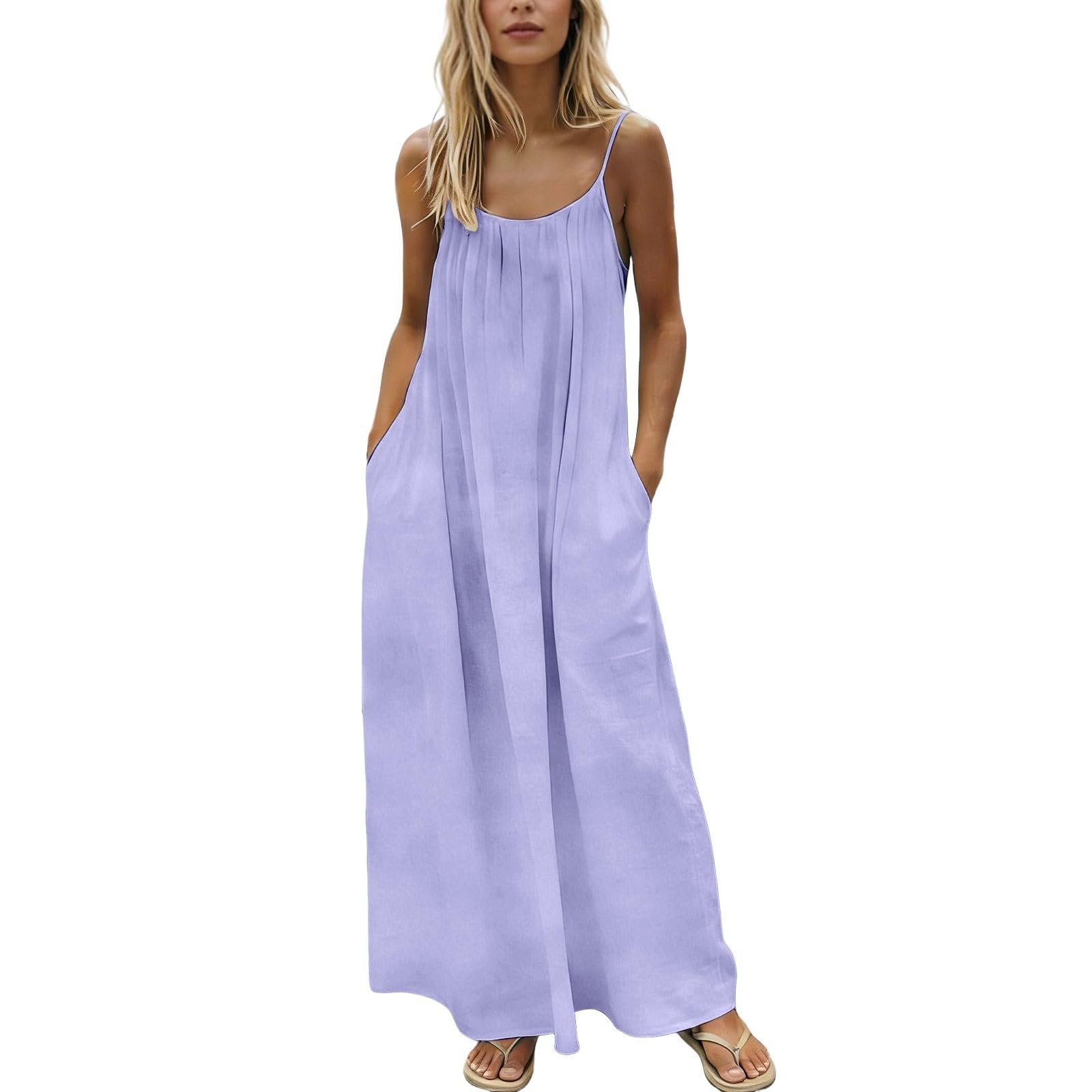 Moda Playa Mujer Vestido Largo con Bolsillos Sin Mangas Espalda Descubierta | Tirantes finos, de color liso, maxi vestido de verano para playa, vacaciones, cómodo vestido de verano