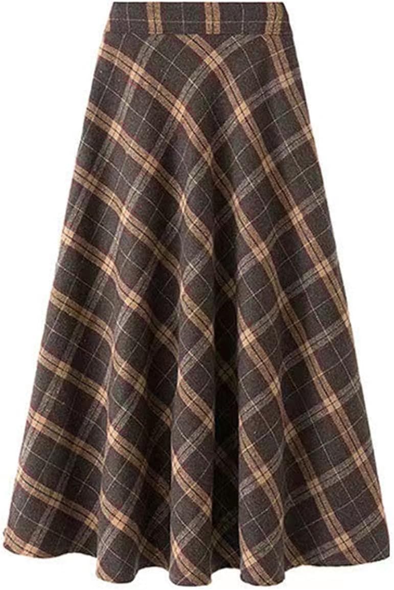 Faldas De Mujer Falda Midi De Lana De Talle Alto De Otoño E Invierno: Falda Plisada Larga De Cuadros Retro De Línea A, A, XXL
