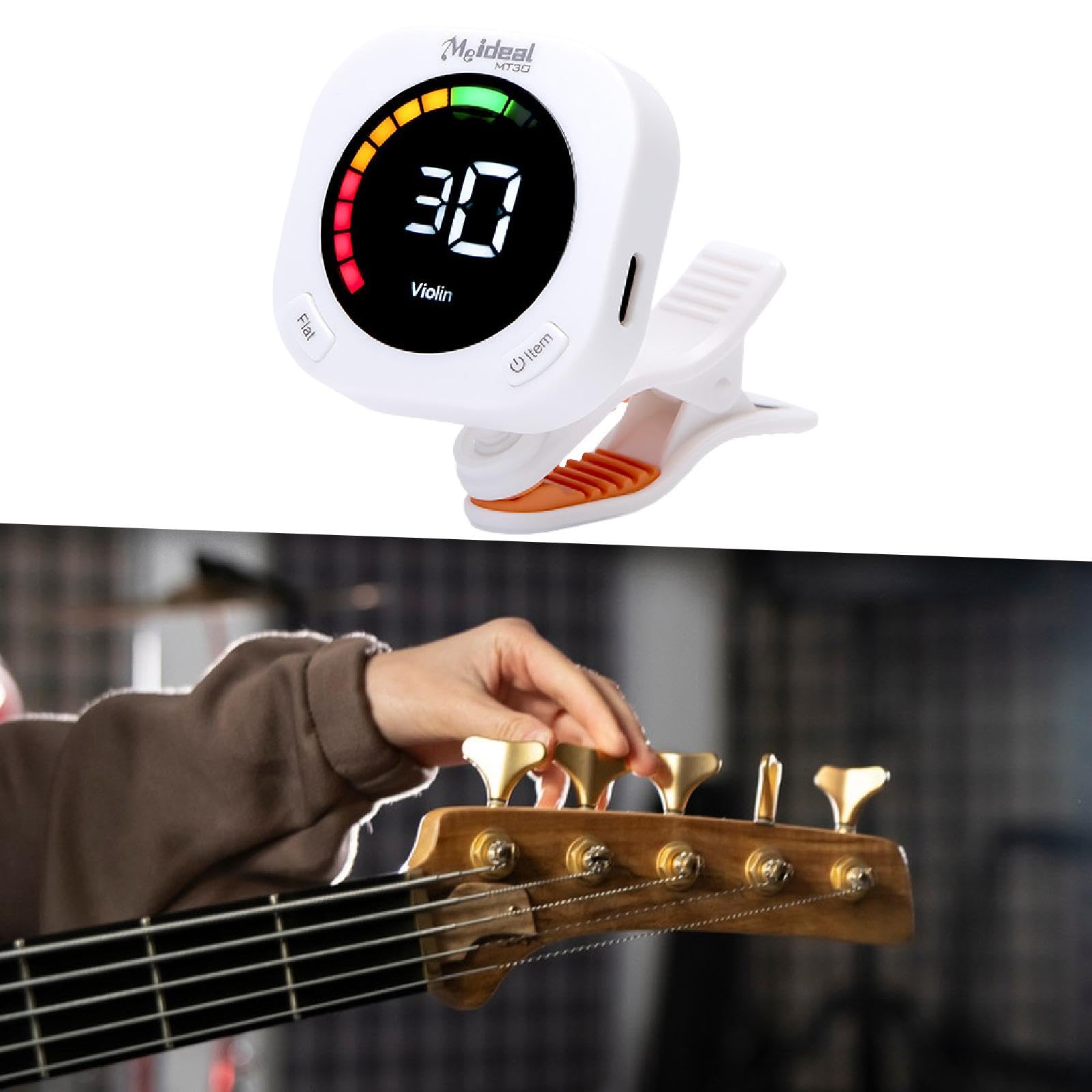 Harilla Afinador de Guitarra, Afinación Rápida Y Precisa, Regalo, útil, Giratorio 360 Grados, Recargable, Afinador para Ukelele, Blanco