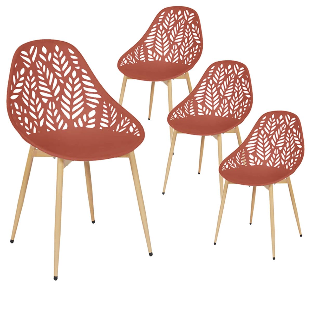 AltoBuy SAYA - Lot de 4 Chaises de Jardin Coque Plastique Ajourée Terracotta Pieds Métal
