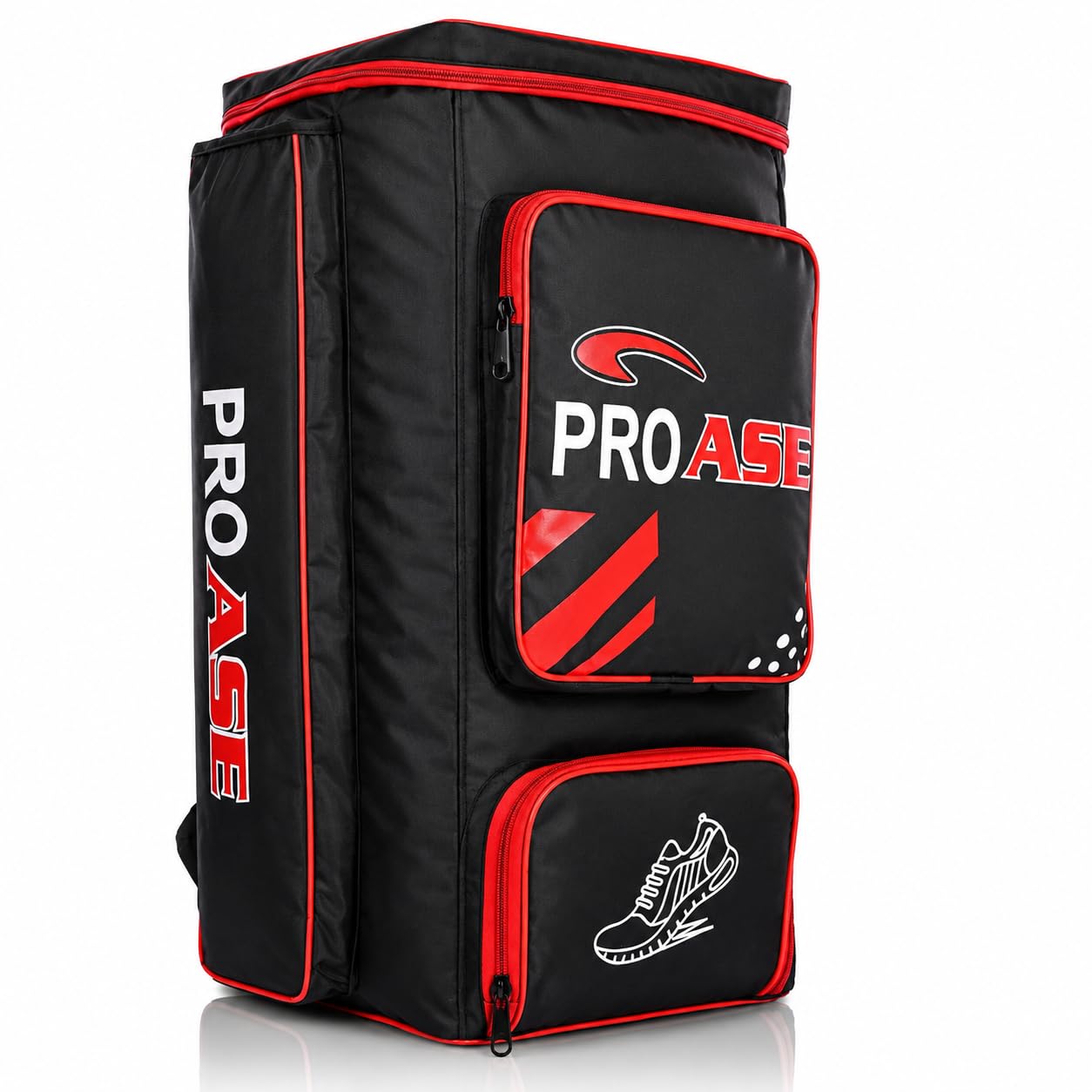 pro ase premium backpack cricket kit bag with dual side bat compartments. red
