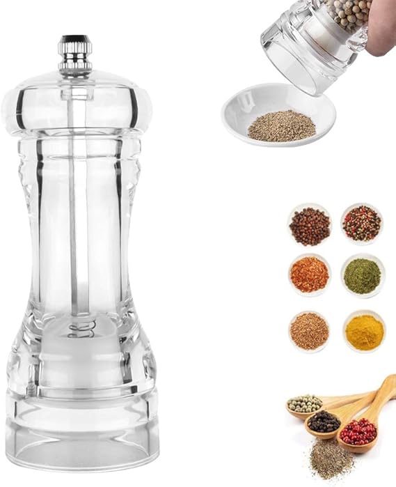 Amazon｜ペッパーミル アクリルソルトアンドペッパーグラインダー、調整可能な粗さセラミックシーソルト＆ペッパーミル、クリアソルトアンド