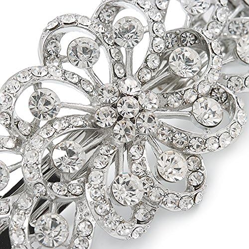 Bridal Wedding Prom Silver Tone Filigree Diamante Floral Barrette Hair Clip Grip - 80mm Across, silver, white / ivory - Image 3
