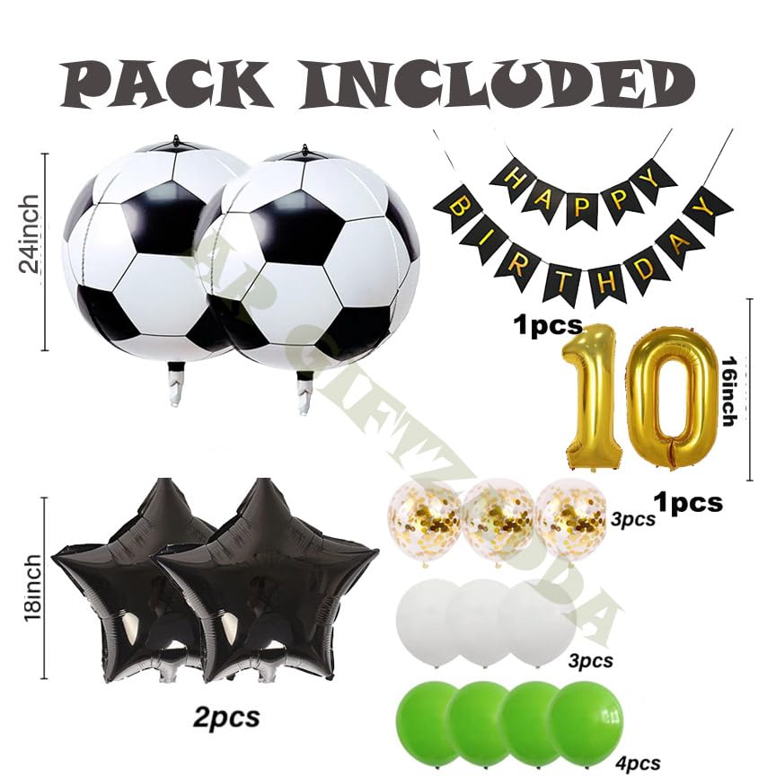 Image of AR GIFTZADDA 4D Football Black White Green Balloon Bouquet for 10th Birthday, 24 Inch Soccer Foil Balloons Decorations for Boys Birthday World Cup Theme Party (10th Bday kit, Football)