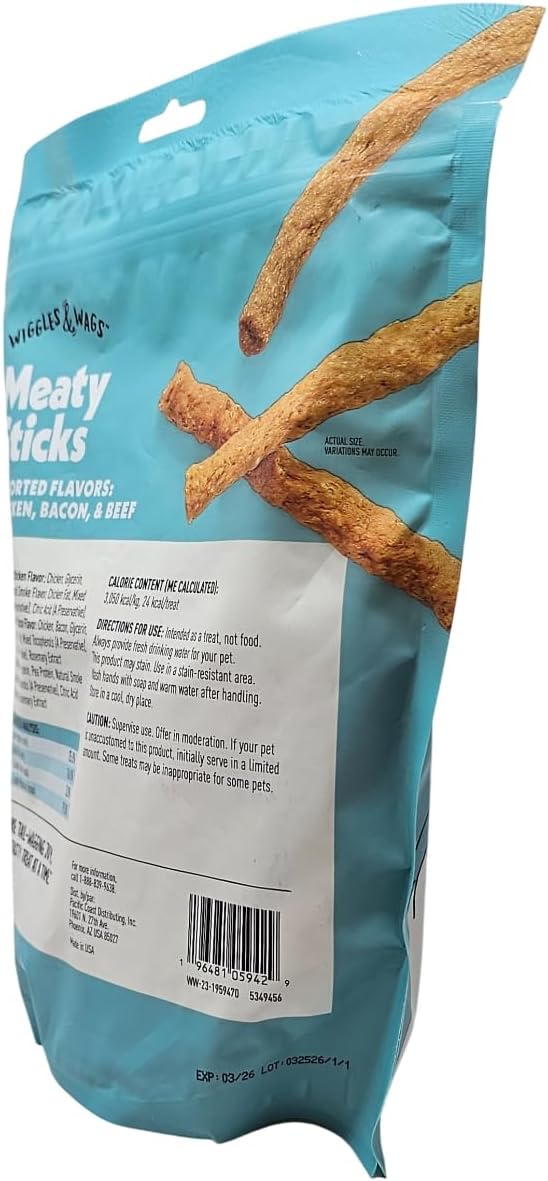 Wiggles & Wags Meaty Sticks Assorted Chicken, Bacon and Beef Flavor Dog Treats, 1 Pound Bag