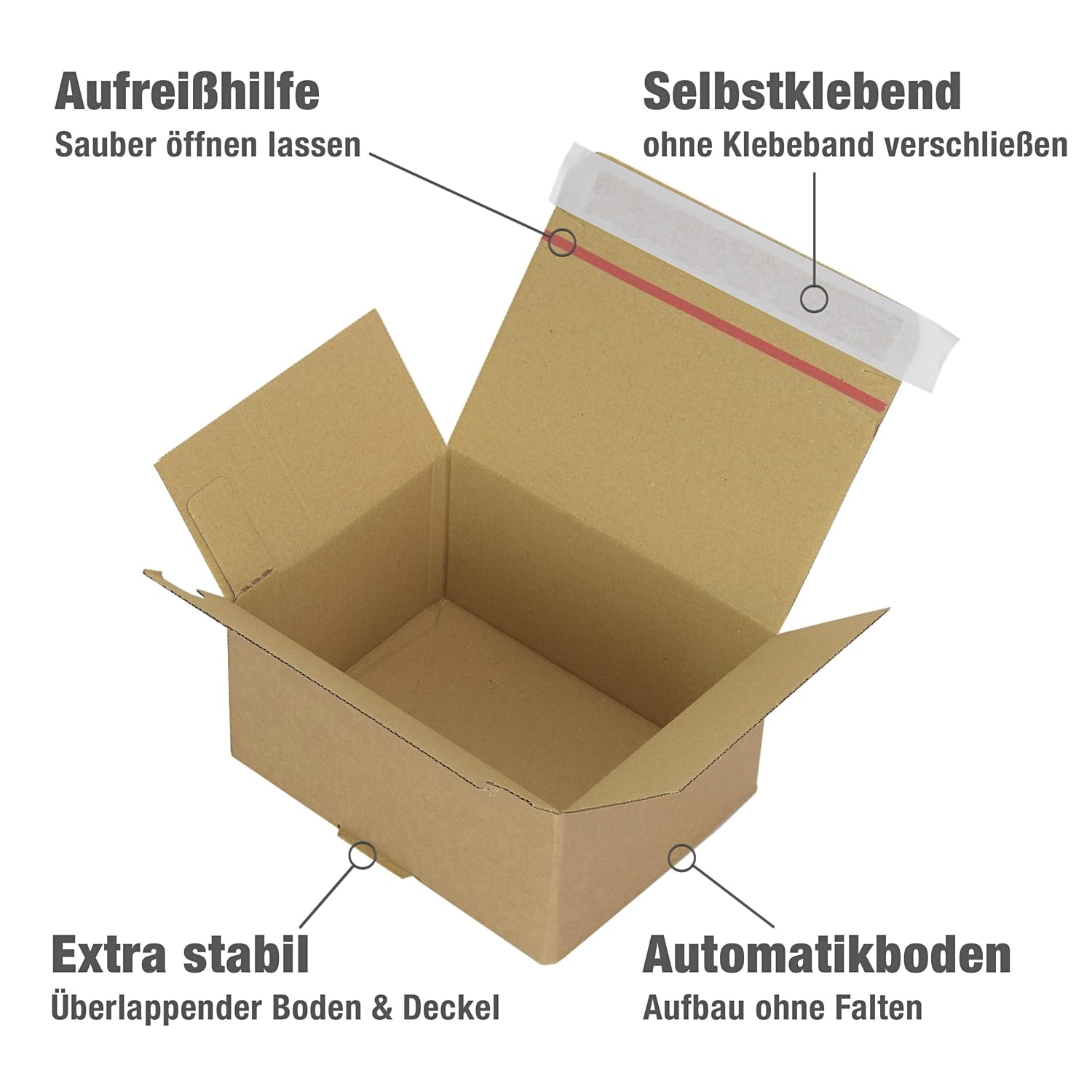 Oputec Lot de 100 cartons automatiques AK-15E 161 x 131 x 73 mm – Carton d'expédition automatique avec fond flash, fermeture autocollante et aide à la déchirure, carton d'expédition solide en carton