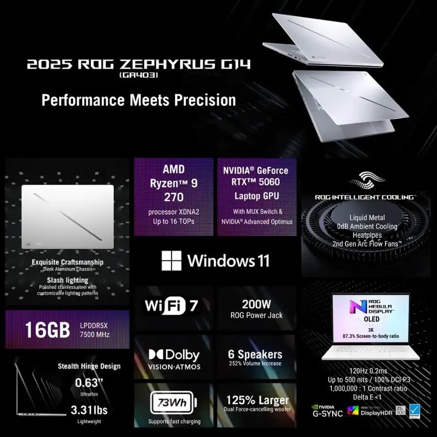 Image of ASUS MUX ROG Zephyrus G14 14 inch OLED 3K 120Hz Gaming Laptop - AMD Ryzen 9 270 - - GeForce RTX 5060-Window 11 Home-W /HDMI Cable (Window 11 Home, 16GB RAM | 1TB PCIe SSD)