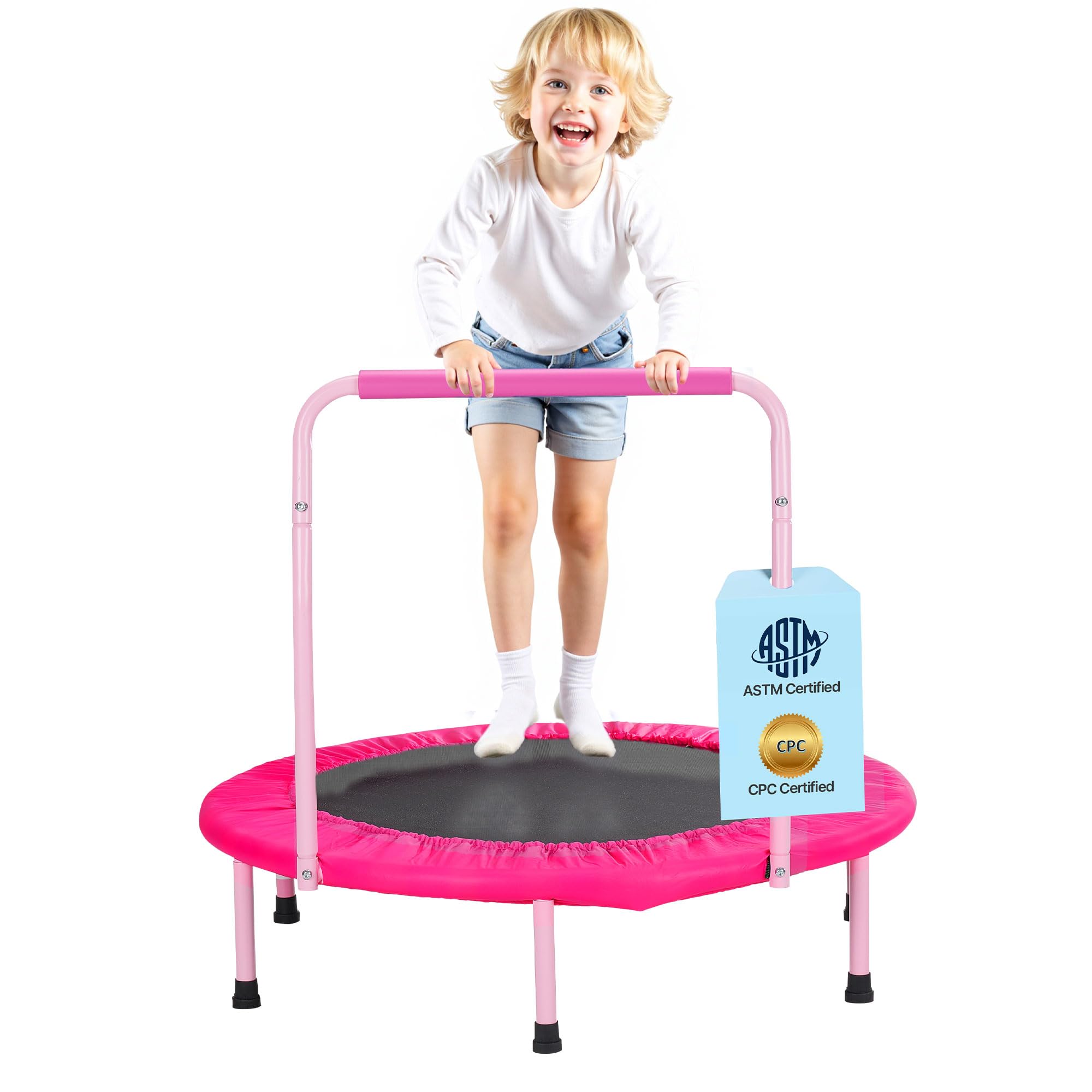 VEVOR Mini Trampoline Pliable pour Enfant, 955 x 750 mm, Fitness rebounder pour Tout-Petits avec poignée, Cadeau d'anniversaire pour Enfants de 3 Ans et Plus, garçons et Filles pour s'amuser, Rose