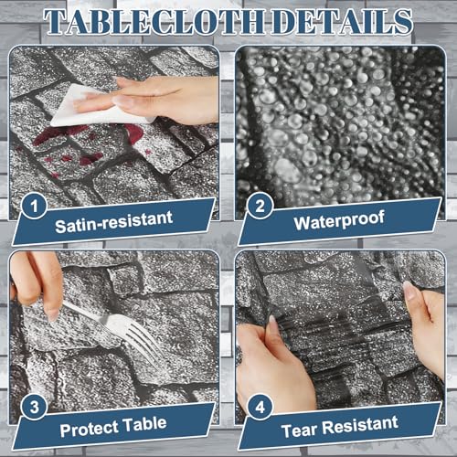 Image of 3 Pack Stone Wall Plastic Tablecloths, 54 x 108 Inch Medieval Castle Party Decorations Brick Stone Table Cloths for Rectangle Tables Waterproof Table Cover for Knight Birthday Castle Party Supplies