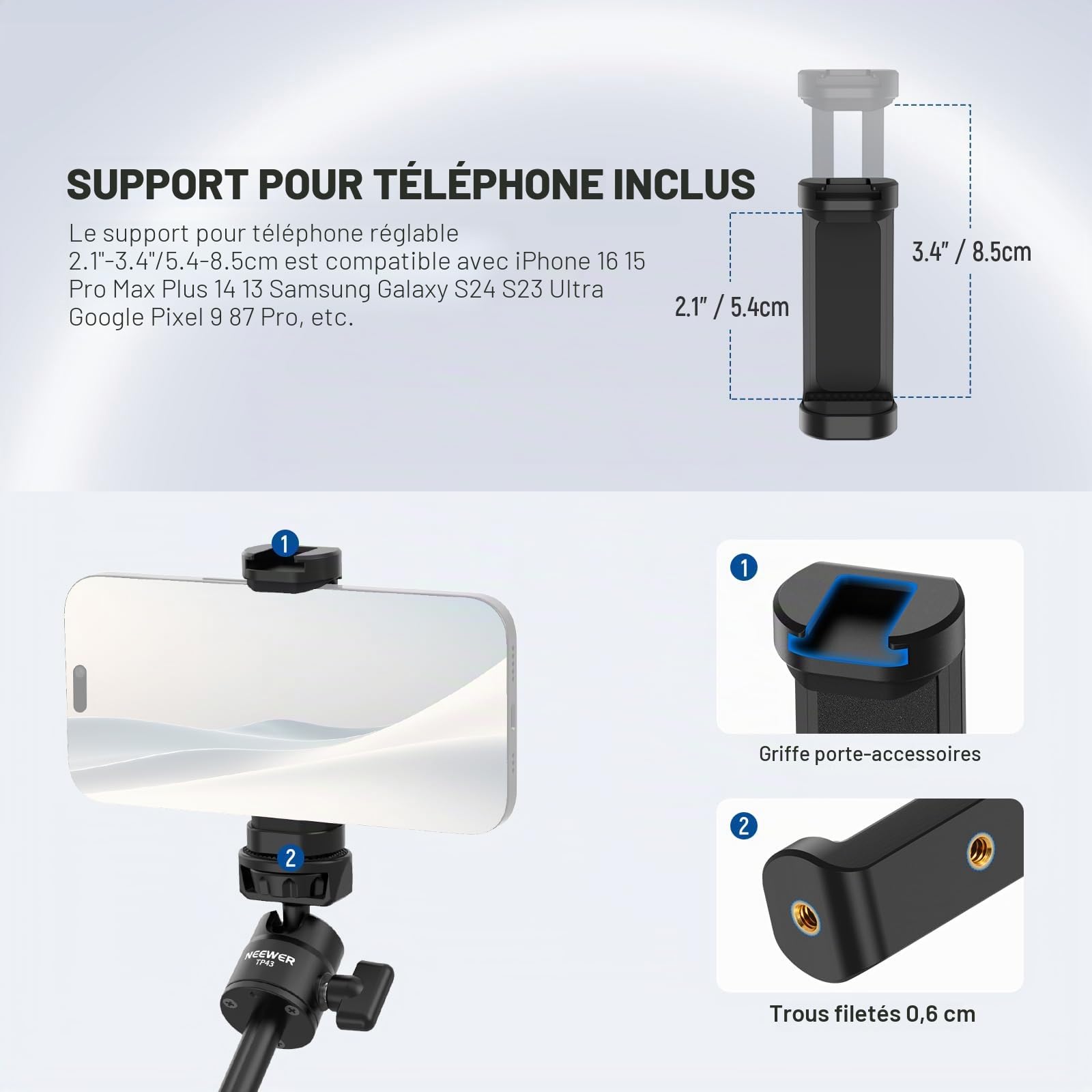 NEEWER Mini Perche à Selfie Bureau Trépied Compatible avec iPhone,GoPro,Insta360,DJI,avec 360°Rotule et Axe Central Élevé,Support Portable en Métal pour Caméra,Webcam,Téléphone Portable,Vlog,TP43 Noir