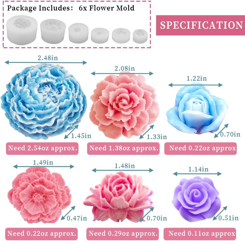 6PCS Flower Silicone Mold Set, 3D Bloom Rose Peony Fondant for Chocolate Cake Decor, Soap Candle Making Kit, Resin Epoxy Casting Polymer Clay Craft Gift